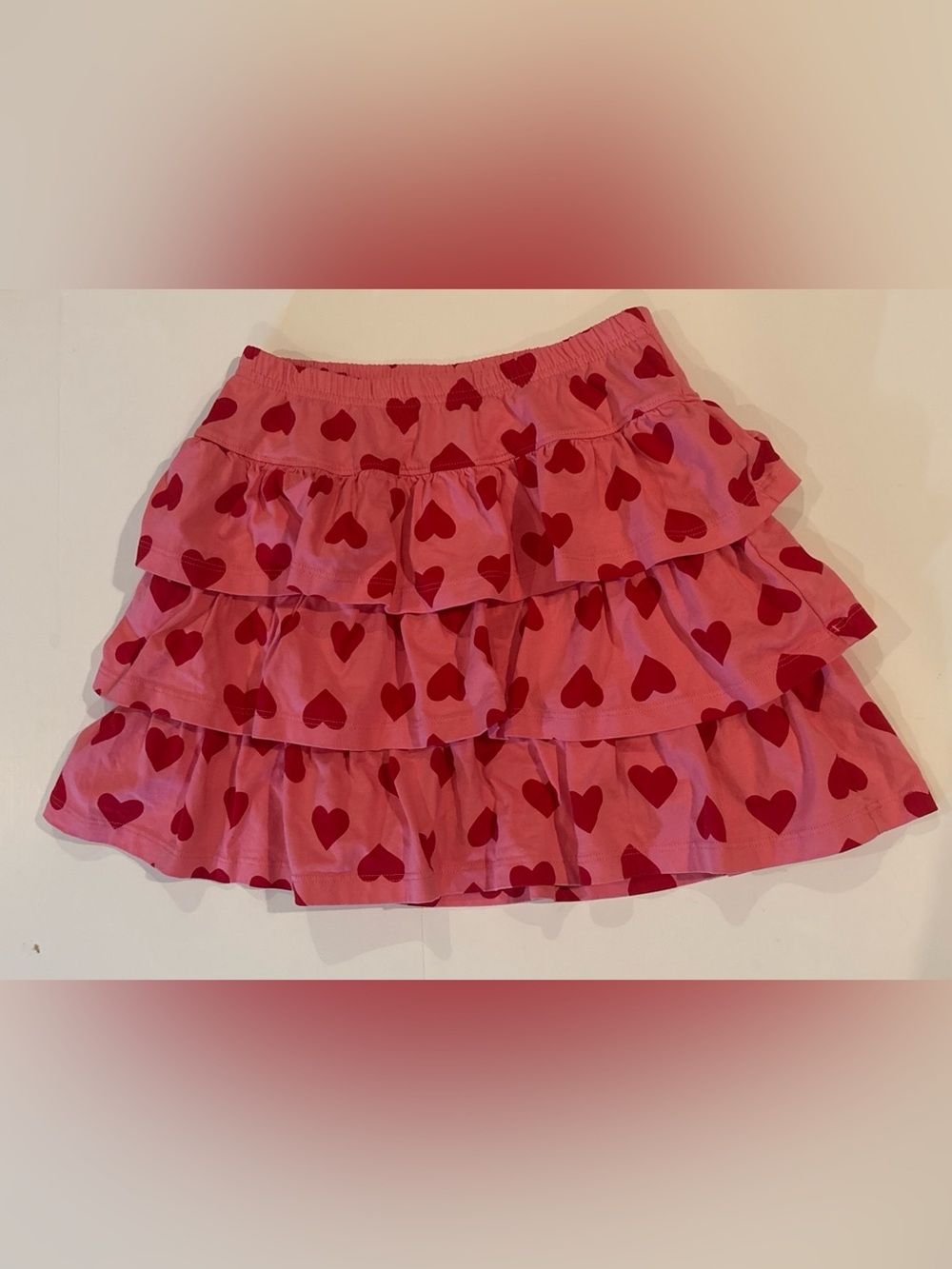Hanna Andersson Skort Skirt Red Hearts 100% Cotton Ruffles Elastic Waist Sz 150